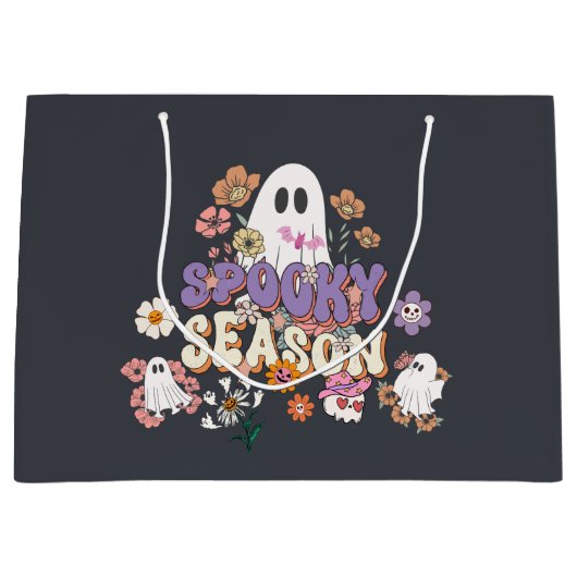 Zwarte Spooky Ghosts Bloemen Halloween Gift Bag Groot Cadeauzakje (Voorkant)