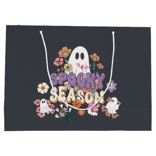 Zwarte Spooky Ghosts Bloemen Halloween Gift Bag Groot Cadeauzakje (Achterkant)