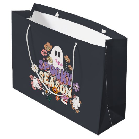Zwarte Spooky Ghosts Bloemen Halloween Gift Bag Groot Cadeauzakje (Achterkant Gekanteld)