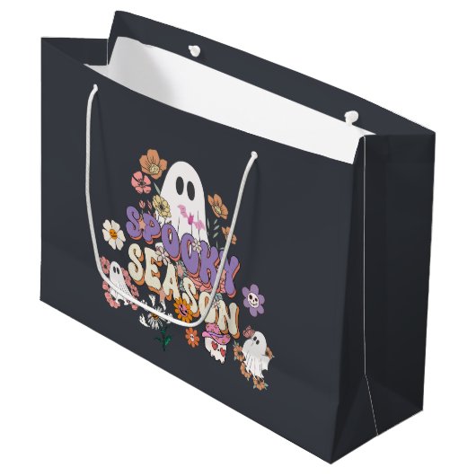 Zwarte Spooky Ghosts Bloemen Halloween Gift Bag Groot Cadeauzakje (Voorkant Gekanteld)