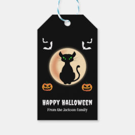 Zwarte Spooky kat groene ogen met maan Halloween Cadeaulabel