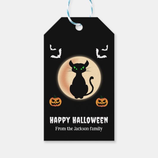 Zwarte Spooky kat groene ogen met maan Halloween Cadeaulabel (Voorkant)