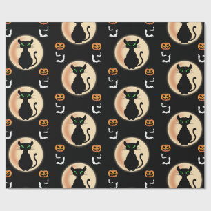 Zwarte Spooky kat groene ogen met maan Halloween Cadeaupapier