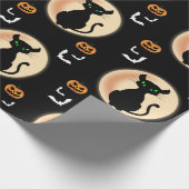 Zwarte Spooky kat groene ogen met maan Halloween Cadeaupapier (Hoek)
