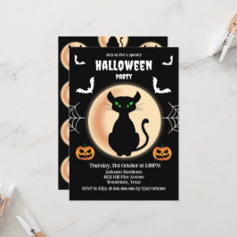 Zwarte Spooky kat groene ogen met maan Halloween Kaart