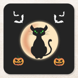 Zwarte Spooky kat groene ogen met maan Halloween Kartonnen Onderzetters