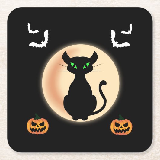Zwarte Spooky kat groene ogen met maan Halloween Kartonnen Onderzetters (Voorkant)