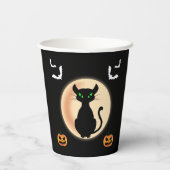 Zwarte Spooky kat groene ogen met maan Halloween Papieren Bekers (Achterkant)