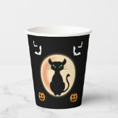 Zwarte Spooky kat groene ogen met maan Halloween Papieren Bekers (Voorkant)
