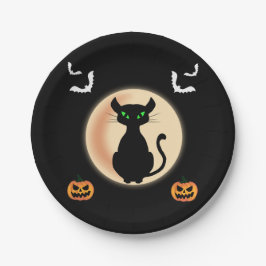 Zwarte Spooky kat groene ogen met maan Halloween Papieren Bordje