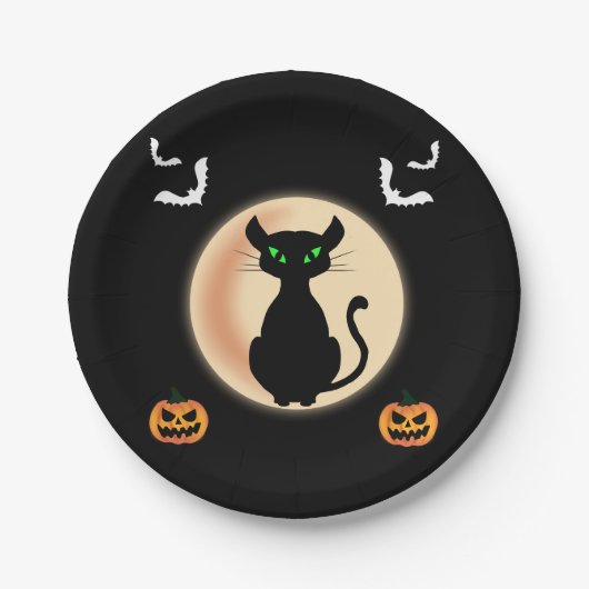 Zwarte Spooky kat groene ogen met maan Halloween Papieren Bordje (Voorkant)