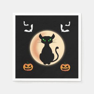 Zwarte Spooky kat groene ogen met maan Halloween Servet