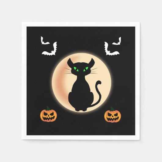 Zwarte Spooky kat groene ogen met maan Halloween Servet (Voorkant)