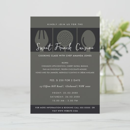 ZWARTE SPOON FORK COOKING CLASS INVITE SJABLOON KAART (Staand voorkant)