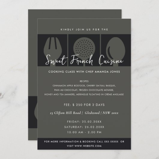 ZWARTE SPOON FORK COOKING CLASS INVITE SJABLOON KAART (Voorkant / Achterkant)