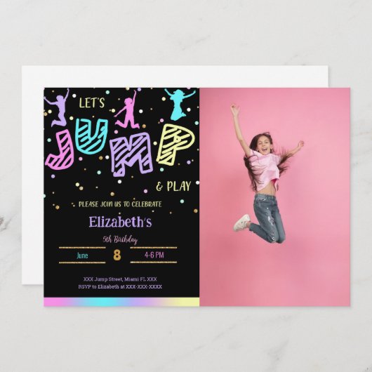 Zwarte sprong verjaardagsfoto uitnodiging (Voorkant / Achterkant)