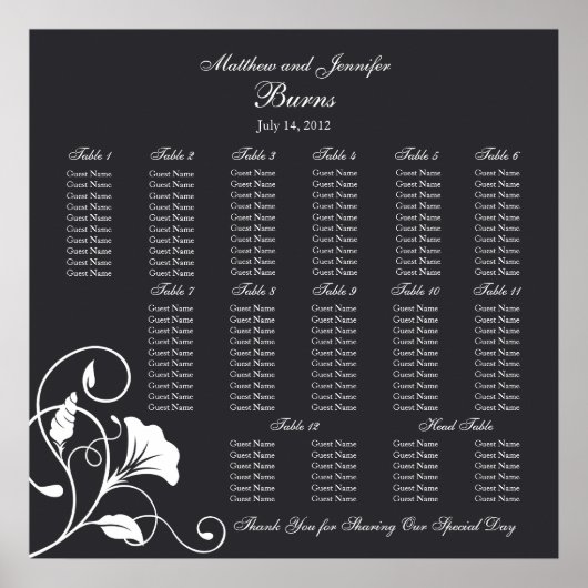 Zwarte-Square Wedding Reception Sezing Chart Poster (Voorkant)