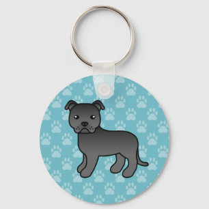 Zwarte Staffordshire Bull Terrier Hond Op Blauwe Sleutelhanger