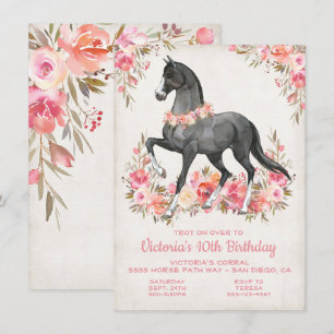Zwarte Stallion floral Horse Birthday Party Kaart