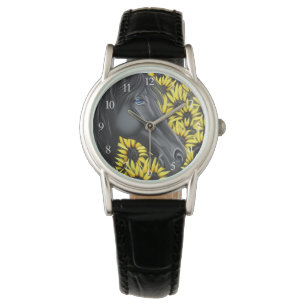 Zwarte Stallion Horse en zonnebloemen Horloge