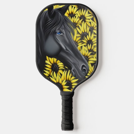 Zwarte Stallion Horse en zonnebloemen Pickleball Paddle (Voorkant)