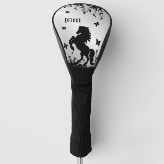 Zwarte Stallion / Horse op Zilvernaam Golfheadcover (Voorkant)