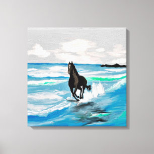 ZWARTE STALLION HORSE . RUNNEN OP DE BAND CANVAS AFDRUK