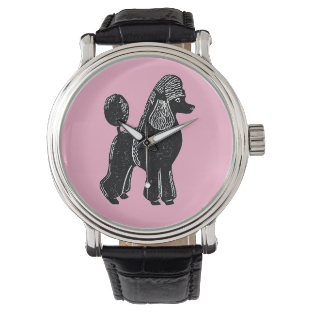 Zwarte standaard poedel met roze horloge (Voorkant)