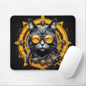 Zwarte steampunk kat met oranje bril muismat (Met muis)