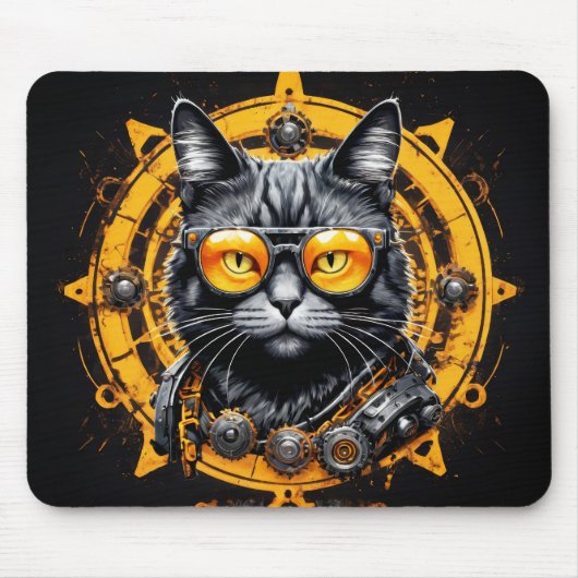 Zwarte steampunk kat met oranje bril muismat (Voorkant)