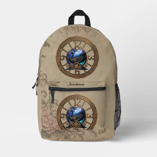 Zwarte steampunk zwaan met klokken en tandwielen. bedrukte rugzak (Voorkant)