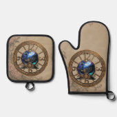 Zwarte steampunk zwaan met klokken en tandwielen. ovenwant & pannenlap set (Voorkant)