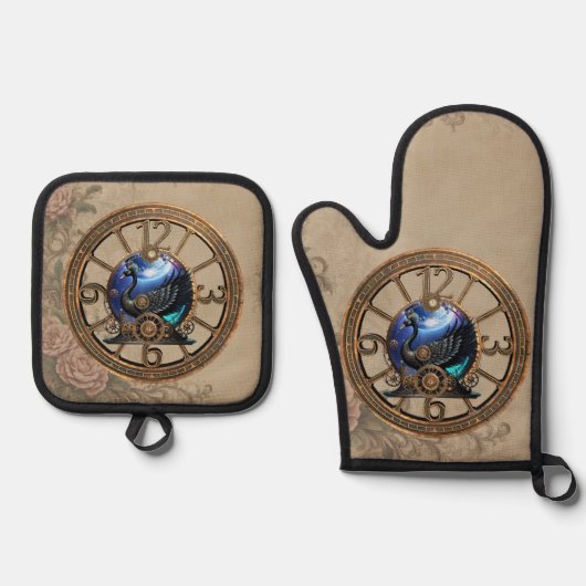 Zwarte steampunk zwaan met klokken en tandwielen. ovenwant & pannenlap set (Voorkant)