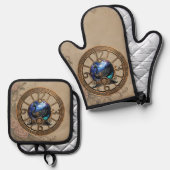 Zwarte steampunk zwaan met klokken en tandwielen. ovenwant & pannenlap set (Voorkant / Achterkant)