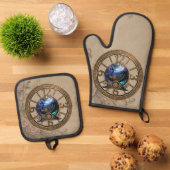 Zwarte steampunk zwaan met klokken en tandwielen. ovenwant & pannenlap set (Top down)