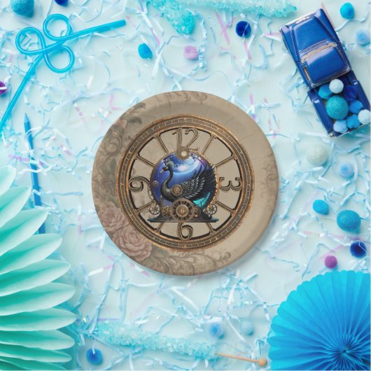 Zwarte steampunk zwaan met klokken en tandwielen. papieren bordje (Feest)