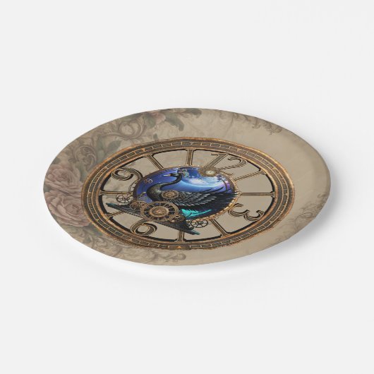 Zwarte steampunk zwaan met klokken en tandwielen. papieren bordje (Gekanteld)