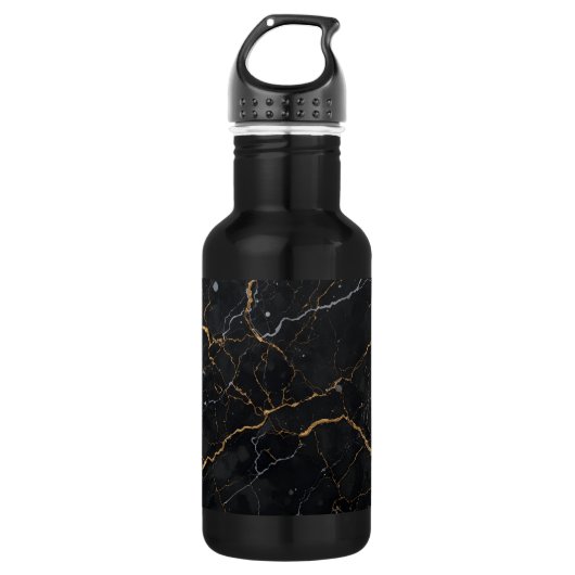 Zwarte steen met gouden en zilveren aderen waterfles  (Voorkant)