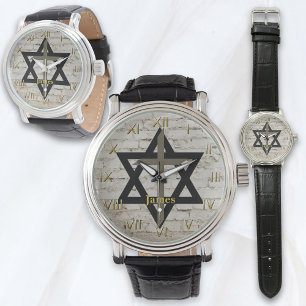 Zwarte ster van David met bruin kruis Horloge