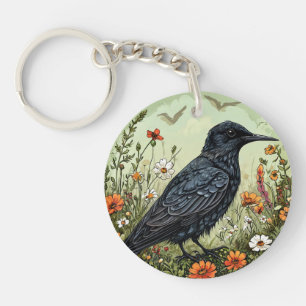 Zwarte Stern Vogel Bloemrijke Natuur Design Sleutelhanger