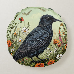 Zwarte stern vogel te midden van bloeiende bloemen rond kussen