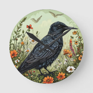 Zwarte stern Vogel Te midden van Bloeiende Bloemen Ronde Klok
