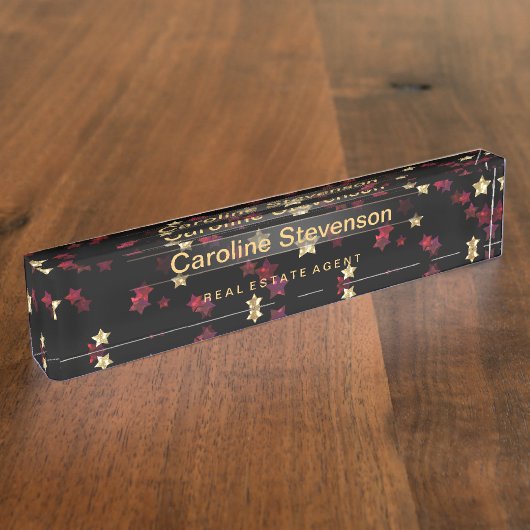 Zwarte sterren glitter golden red confetti starry naambordje (Zijkant)