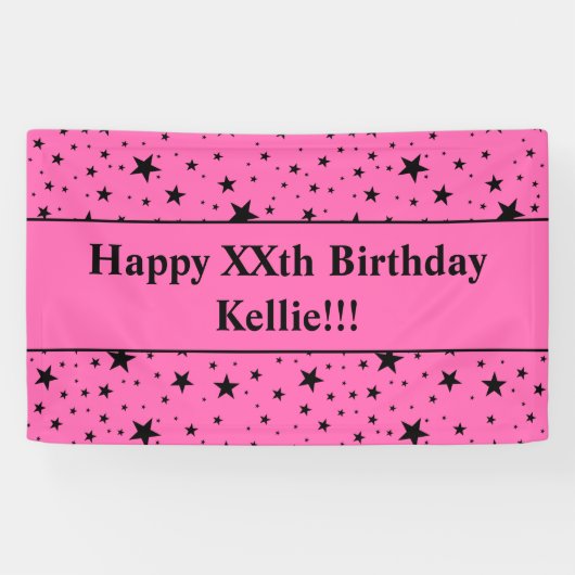 Zwarte sterren met bericht op roze verjaardag spandoek (Horizontaal)