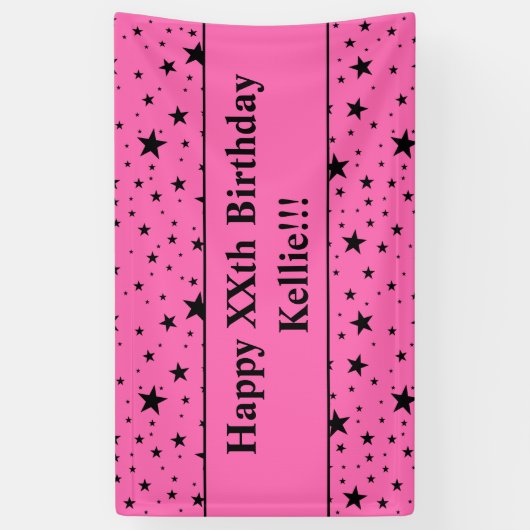 Zwarte sterren met bericht op roze verjaardag spandoek (Verticaal)