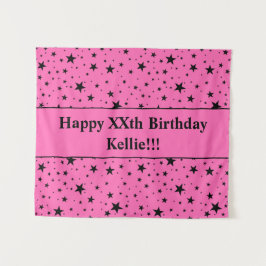 Zwarte sterren met bericht op roze verjaardag wandkleed