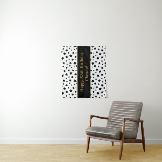 Zwarte sterren met bericht verjaardag tapestry wandkleed (In situ)