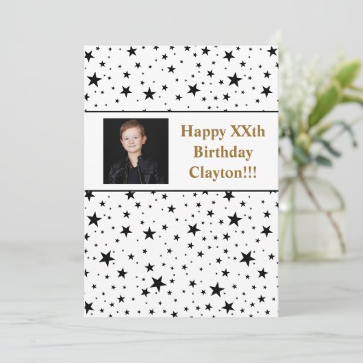 Zwarte sterren met berichtfoto op zaterdag kaart (Staand voorkant)