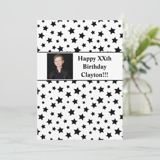 Zwarte sterren met berichtfoto van Birthday Party Kaart (Staand voorkant)
