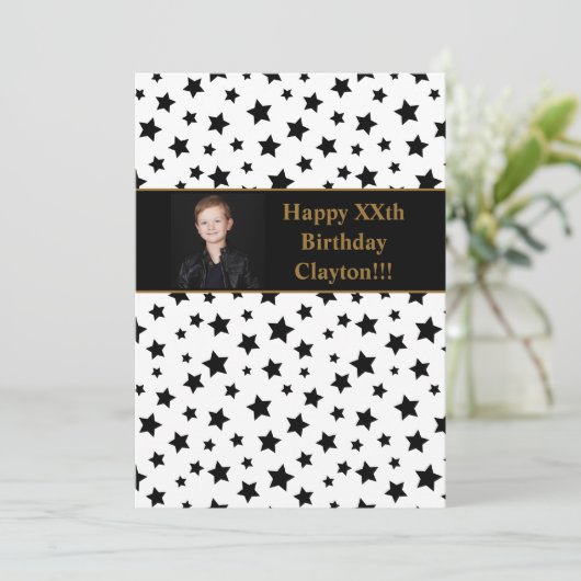 Zwarte sterren met berichtfoto van Birthday Party Kaart (Staand voorkant)